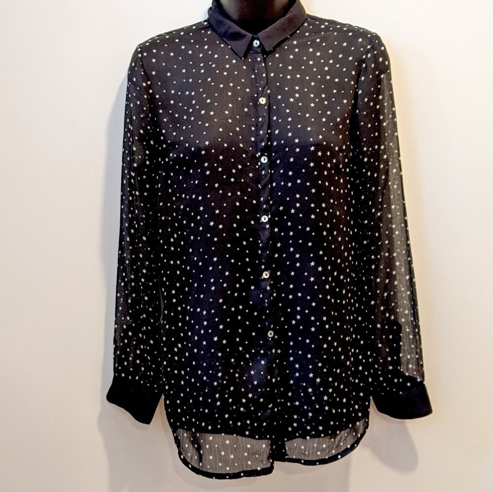 2/$20 Zara Black Star Print Sheer Button Front Blouse Small